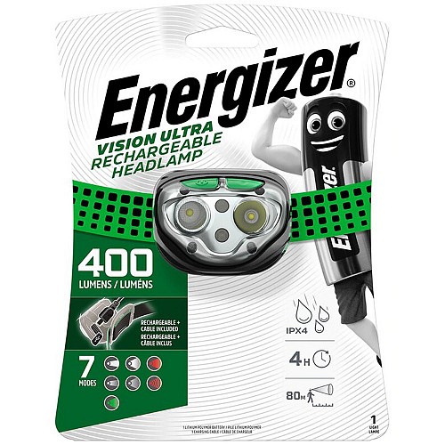 Φακός Κεφαλής Energizer Vision Ultra Rechargable 400 Lumens με Καλώδιο Φόρτισης Πράσινο